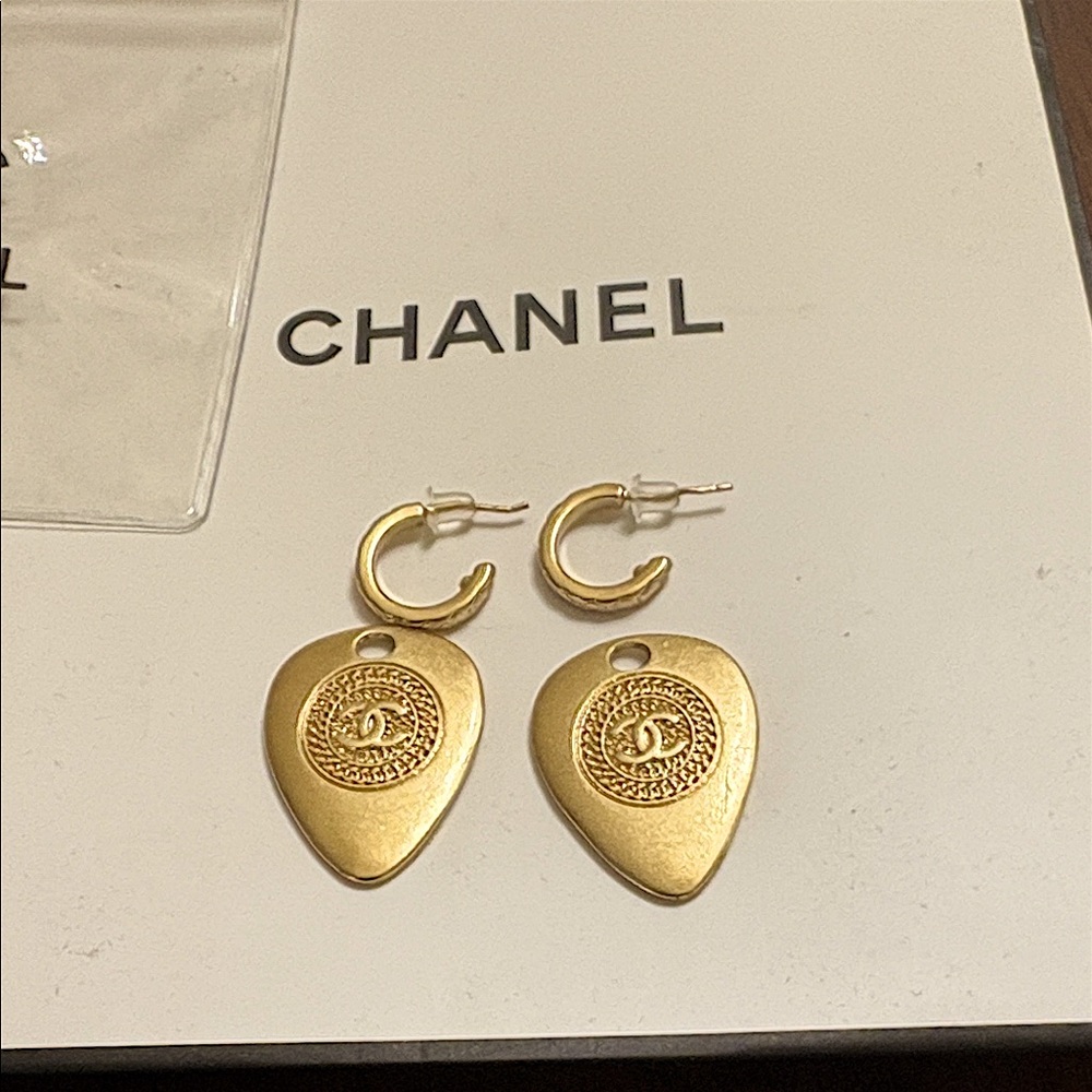 CHANEL Gold-tone CC Medallion Drop Earrings with Hoop Posts